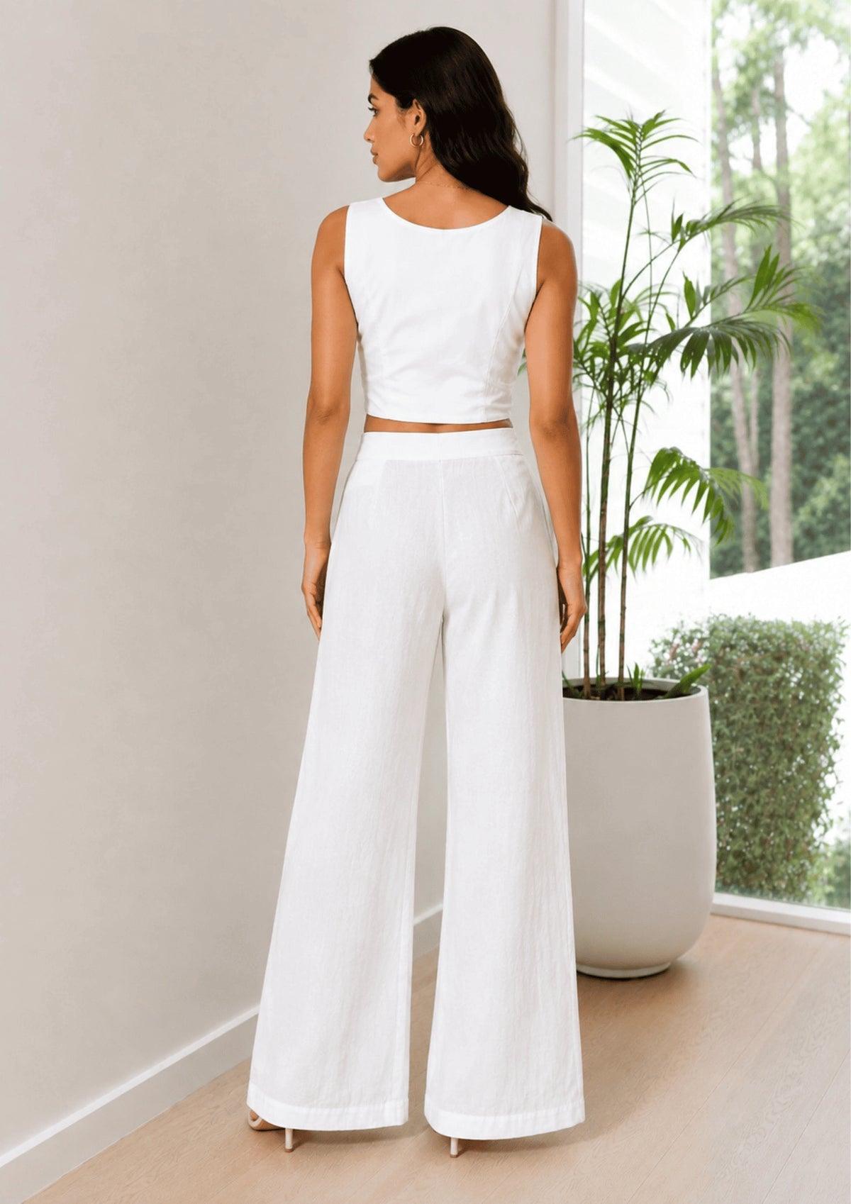 Women Elastic Waistband Linen Wide Leg Pants