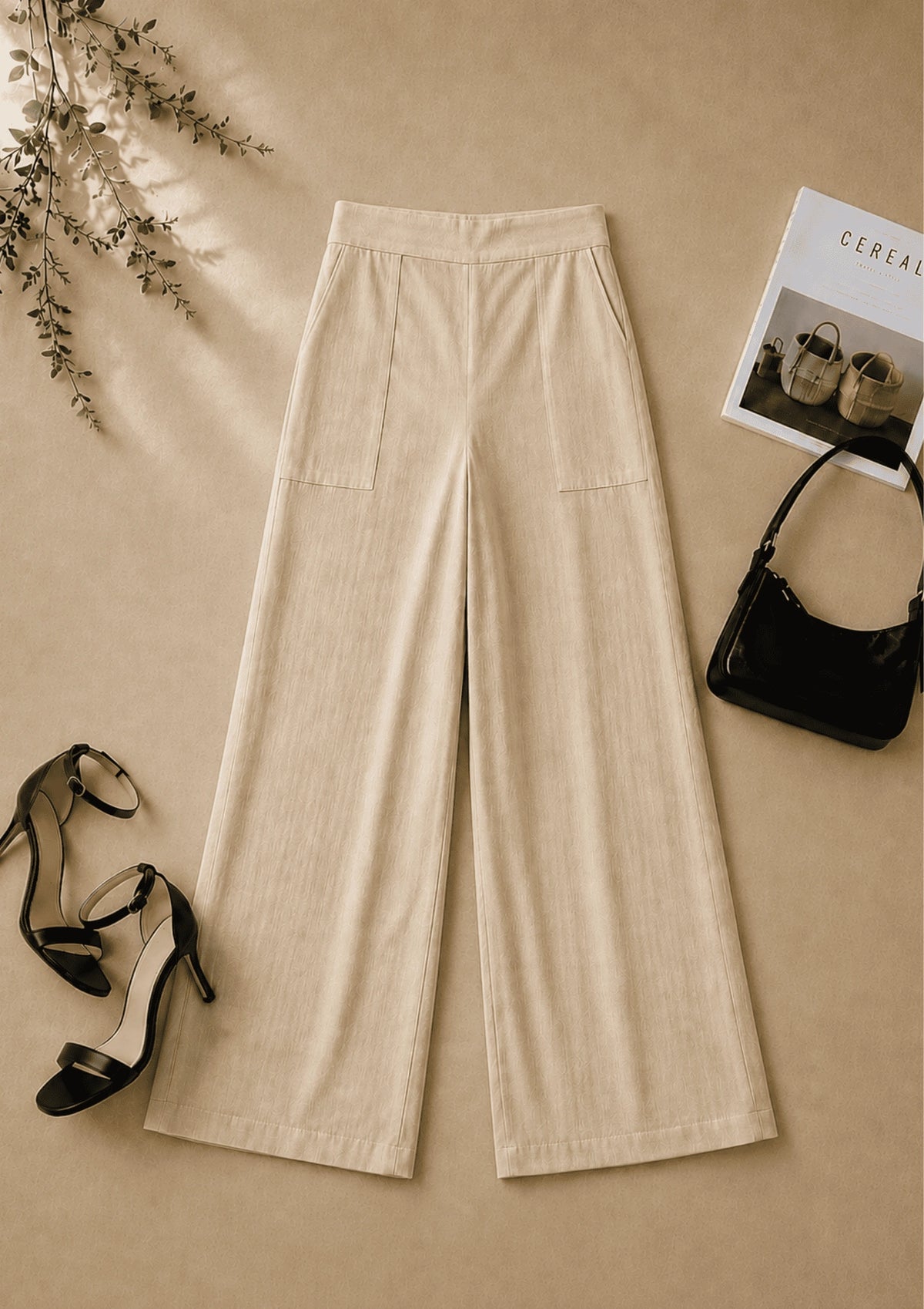 Women Elastic Waistband Linen Wide Leg Pants